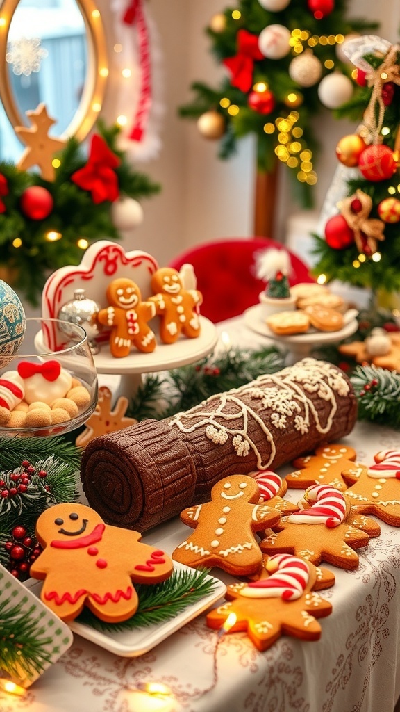 A festive display of Christmas cookies, cakes, and ornaments on a decorated table.